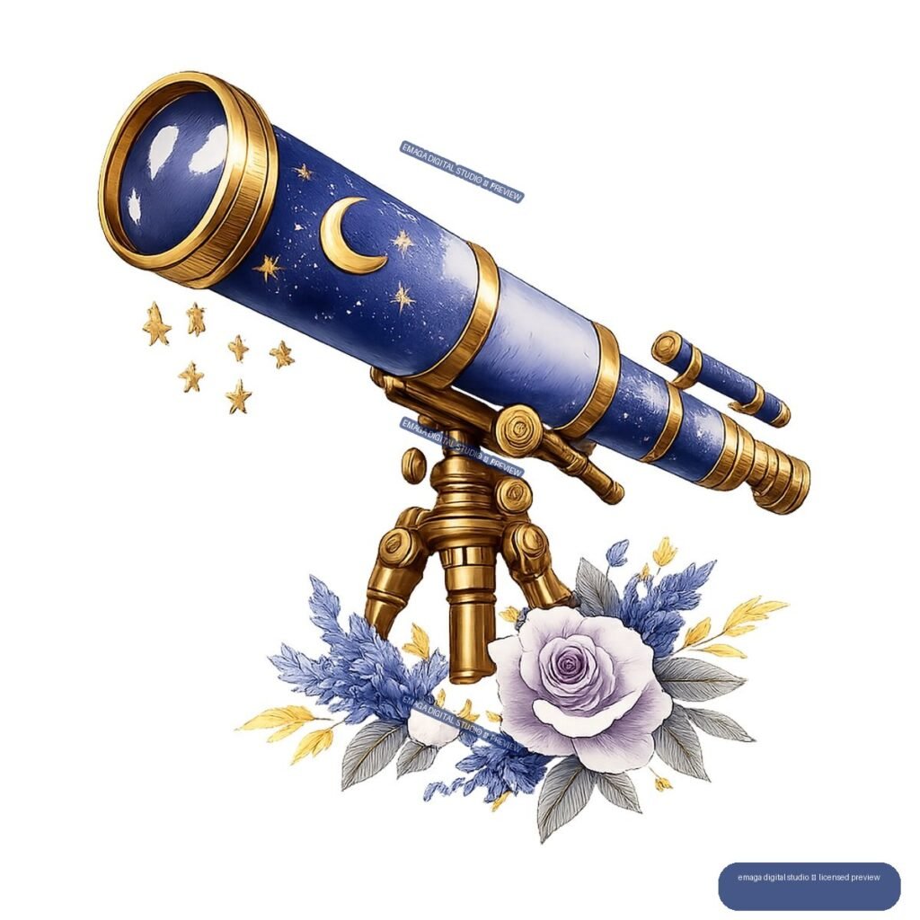 Blue and gold celestial telescope with crescent moon and stars, ornate golden tripod, smaller telescope, and lavender floral arrangement.