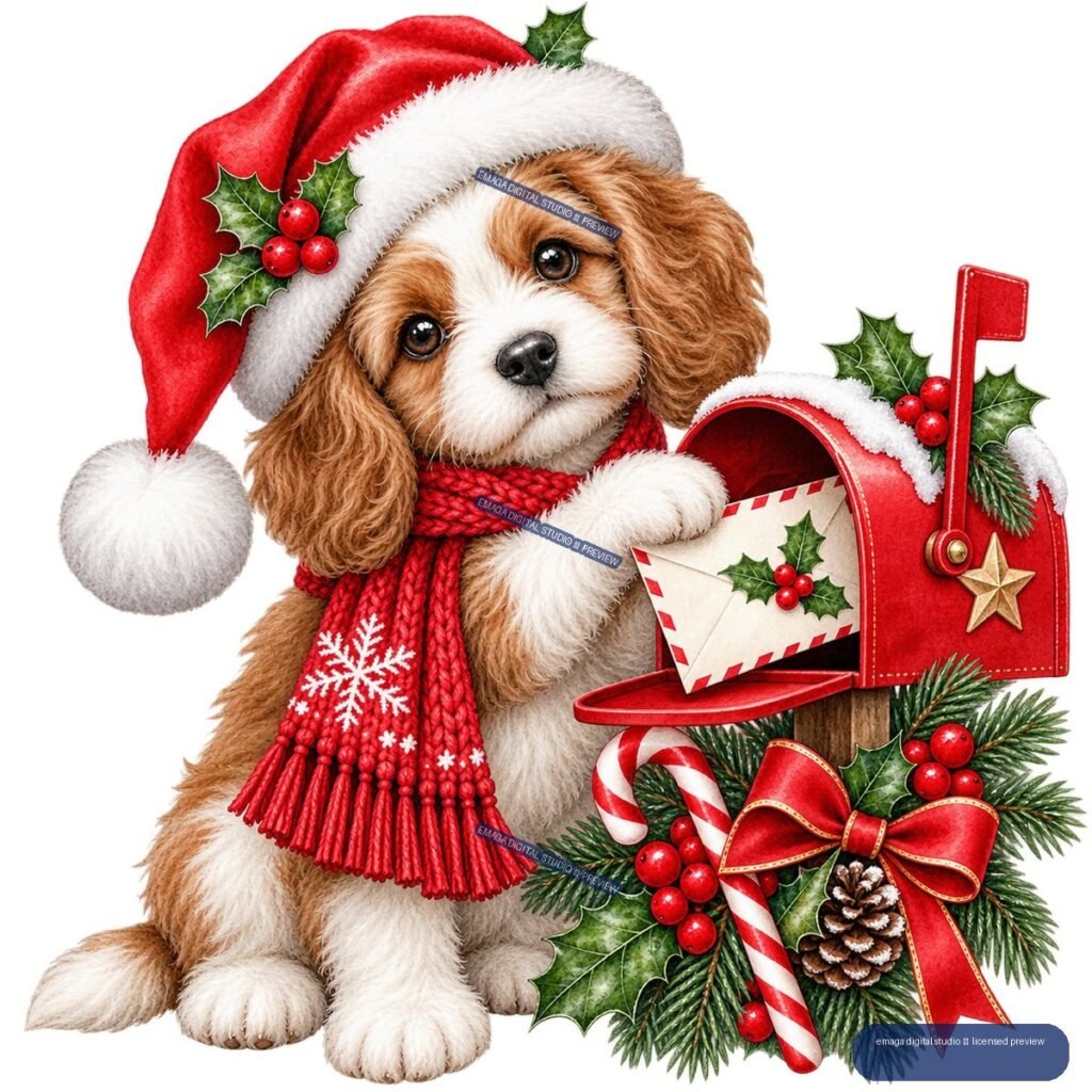 Brown-and-white puppy in a Santa hat and red scarf beside a decorated red mailbox, with holly, berries, candy canes, evergreen branches, pine cones, and a red bow.