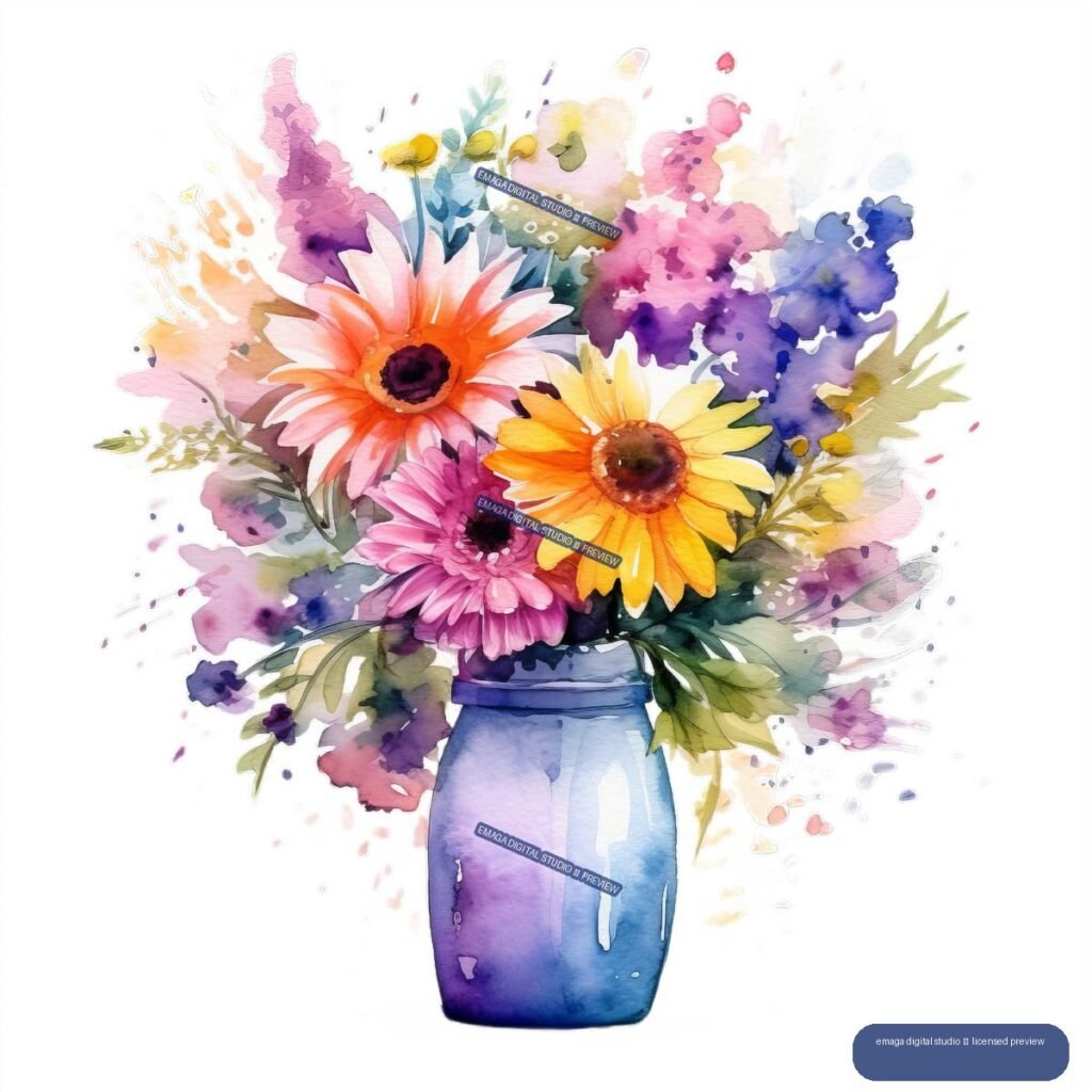 Colorful watercolor bouquet with orange, yellow, pink, purple, and blue flowers in a blue vase, with green leaves and loose paint splashes.