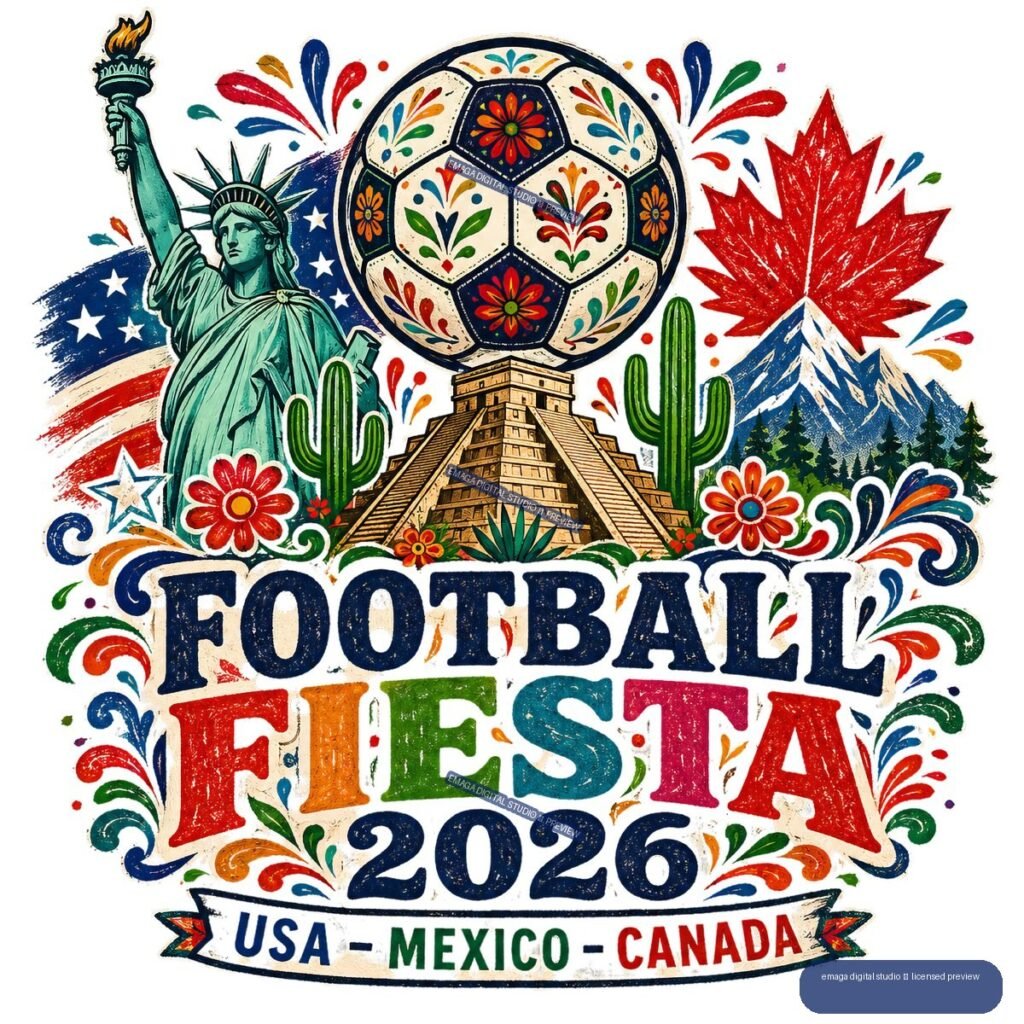 Colorful football illustration with a decorated soccer ball, Statue of Liberty, pyramid, cacti, mountain, maple leaf, and text reading Football Fiesta 2026, USA Mexico Canada.