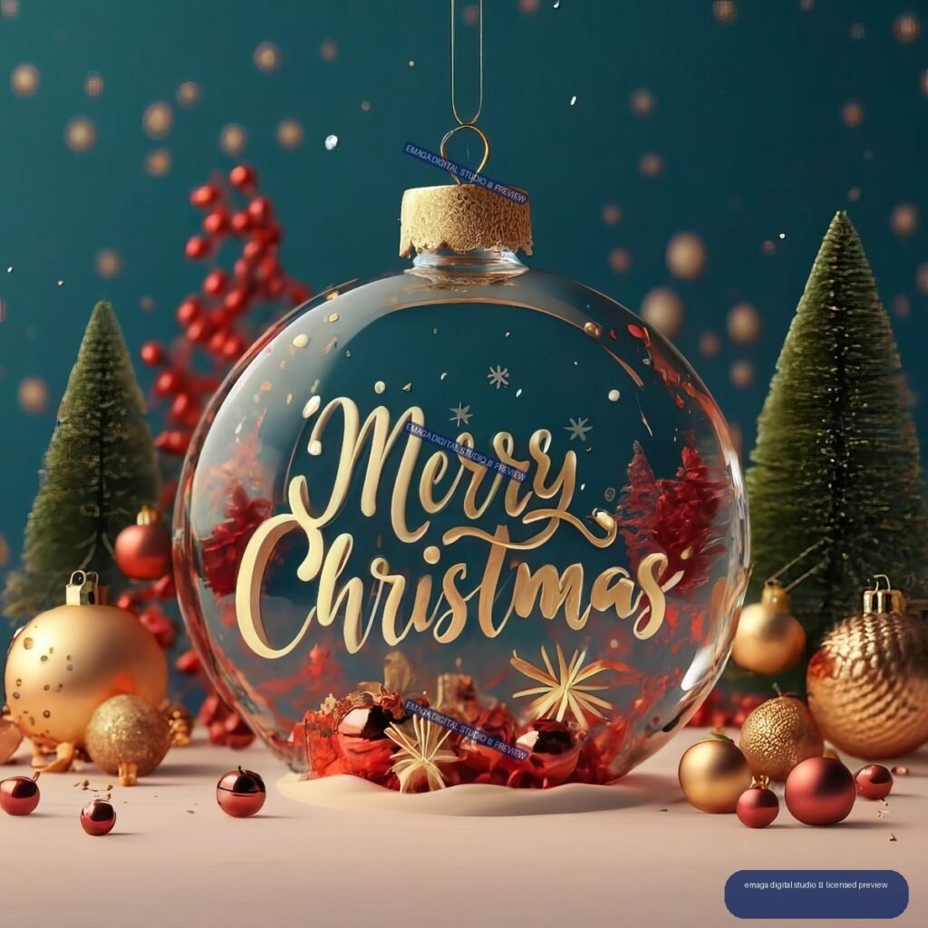 Large glass Christmas ornament reading Merry Christmas, surrounded by red and gold baubles and miniature evergreen trees.