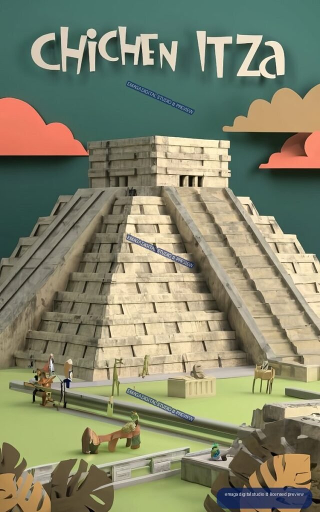 Stylized travel poster showing the stepped pyramid at Chichen Itza beneath cream lettering, with coral and ochre clouds and small foreground figures.