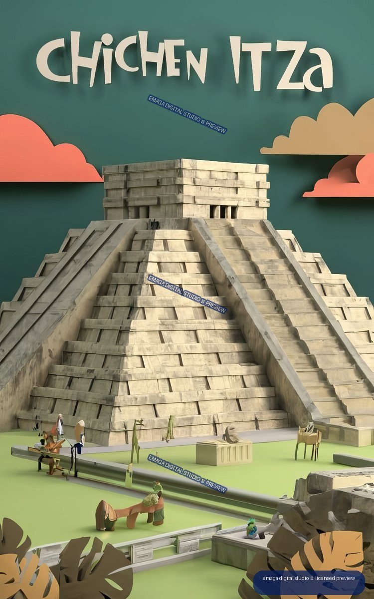 Stylized travel poster showing the stepped pyramid at Chichen Itza beneath cream lettering, with coral and ochre clouds and small foreground figures.