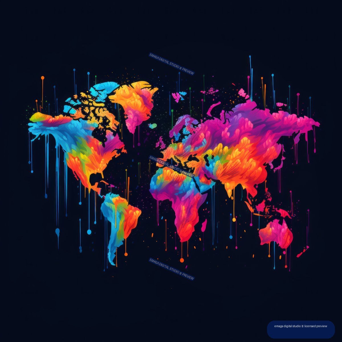 Colorful neon graffiti-style world map with paint splatters and drips on a dark navy background.