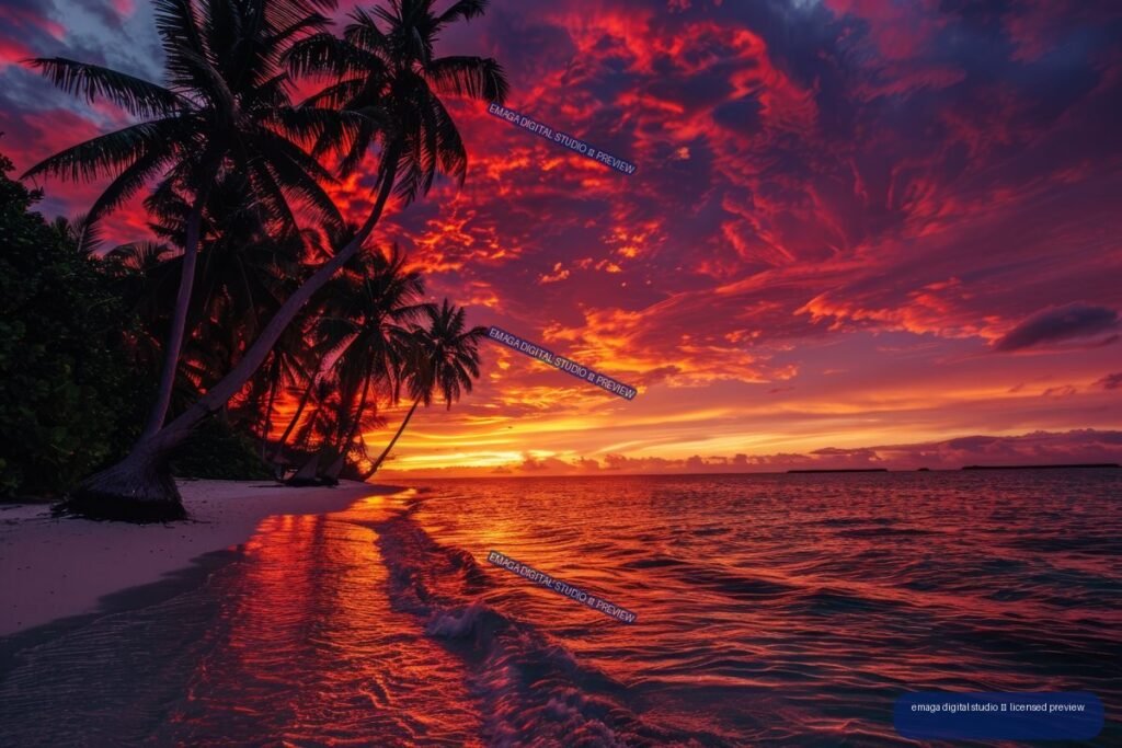 Silhouetted palm trees beside a tropical beach and rippling ocean beneath a vivid red-orange sunset sky.