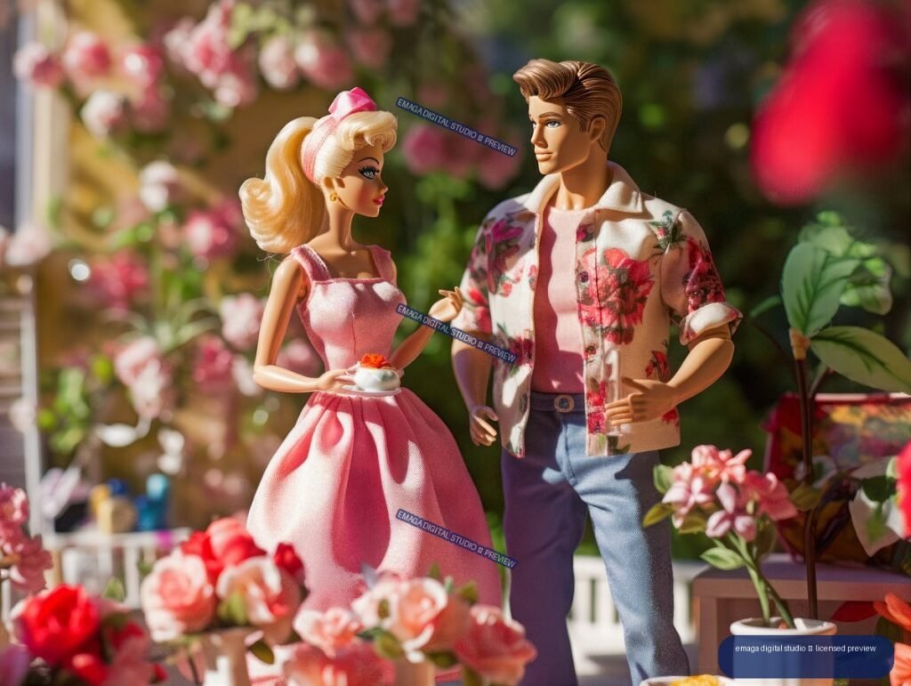 Two fashion dolls, one in a pink dress and one in a floral shirt, stand among roses in a sunny garden.