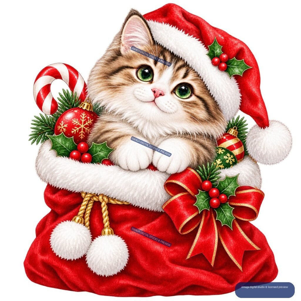 Fluffy tabby-and-white cat in a Santa hat sitting in a red Christmas gift sack, surrounded by holly, ornaments, candy cane, and a large bow.