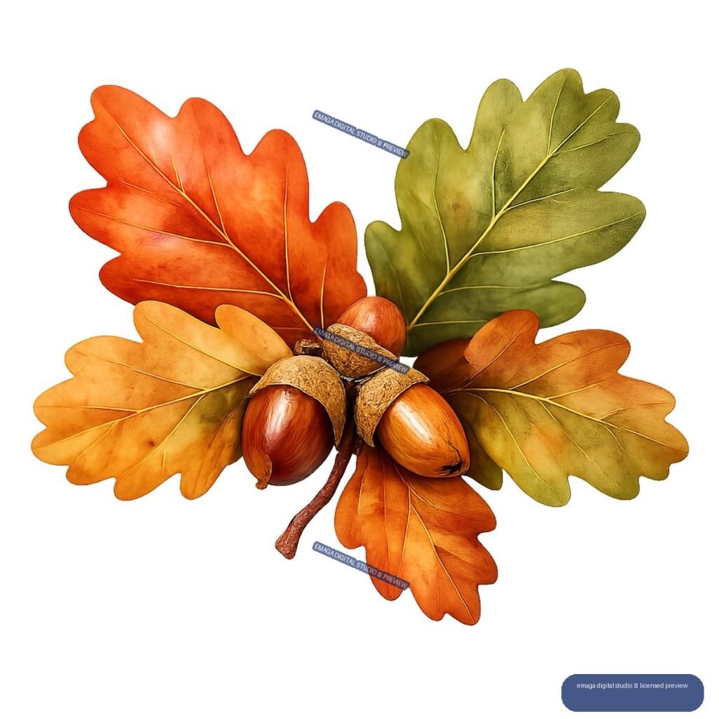 Cluster of autumn oak leaves in orange, yellow, and green surrounding three brown acorns and a curved twig.