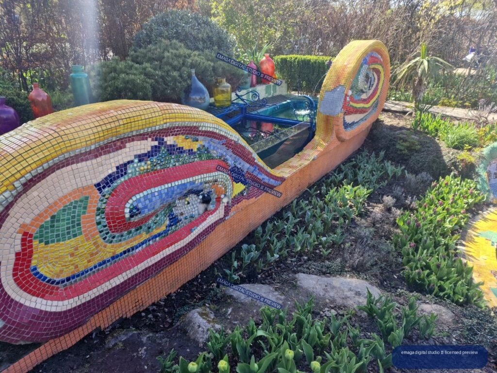 Colorful Mosaic Garden Bench Surrounded by Spring Plantings — Hortulus Gardens, Dobrzyca