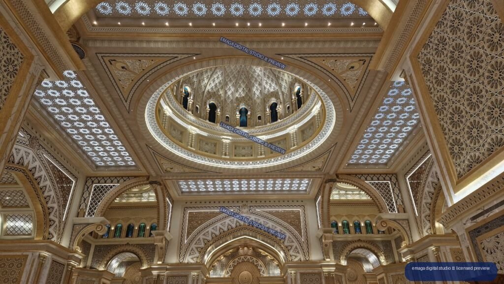 Ornate Islamic Interior with Geometric Ceiling and Central Dome