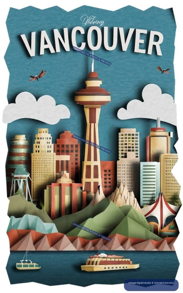 Stylized Vancouver poster showing a city skyline, central tower, mountains, birds, and boats over blue water.