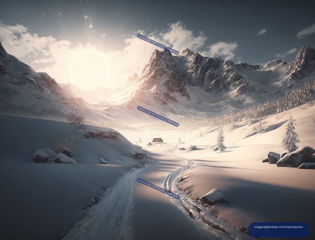 Sunrise illuminates a snow-covered alpine valley with jagged peaks, evergreens, rocks, and winding tracks.