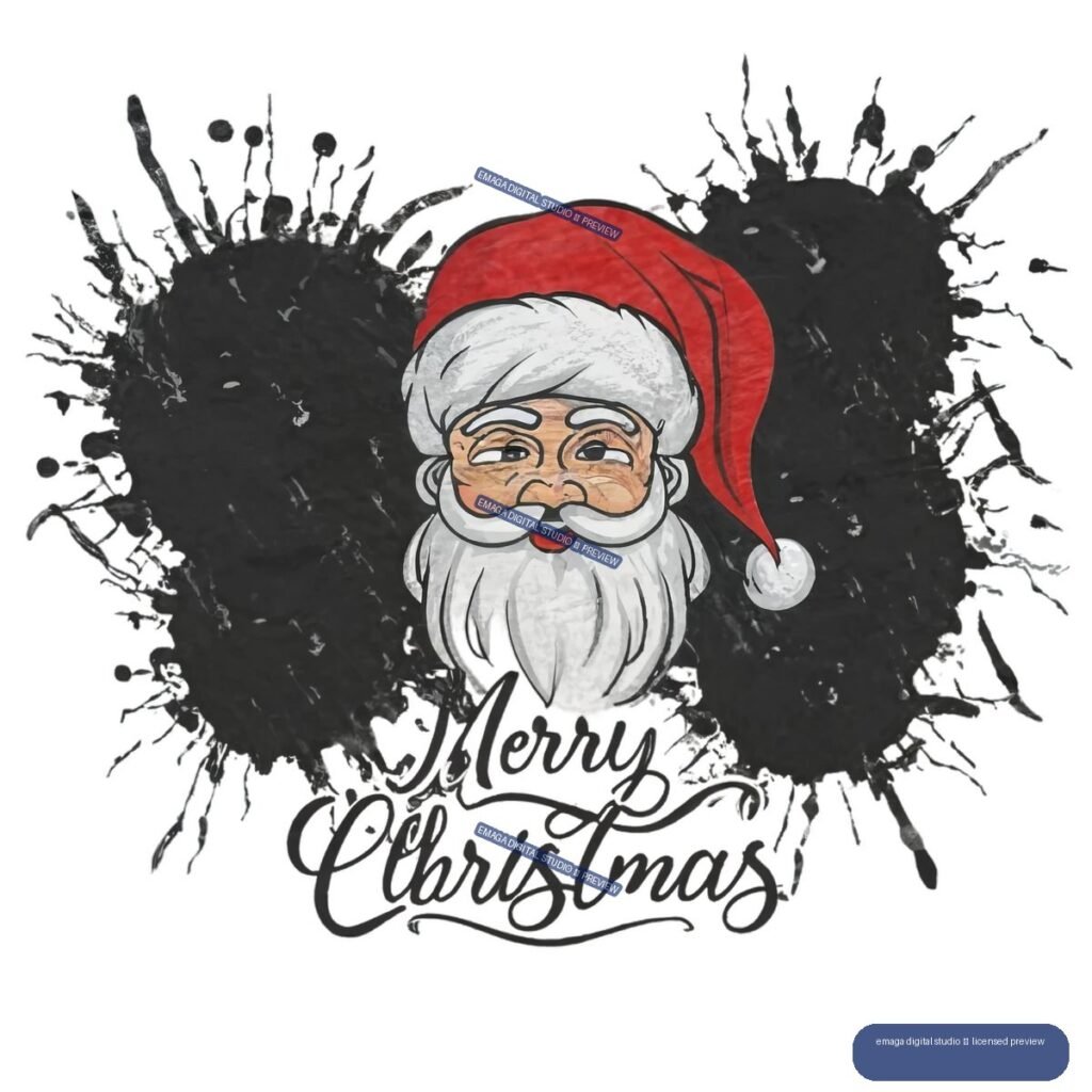 Santa Claus wearing a red hat above hand-lettered “Merry Christmas” text, framed by black ink splashes.