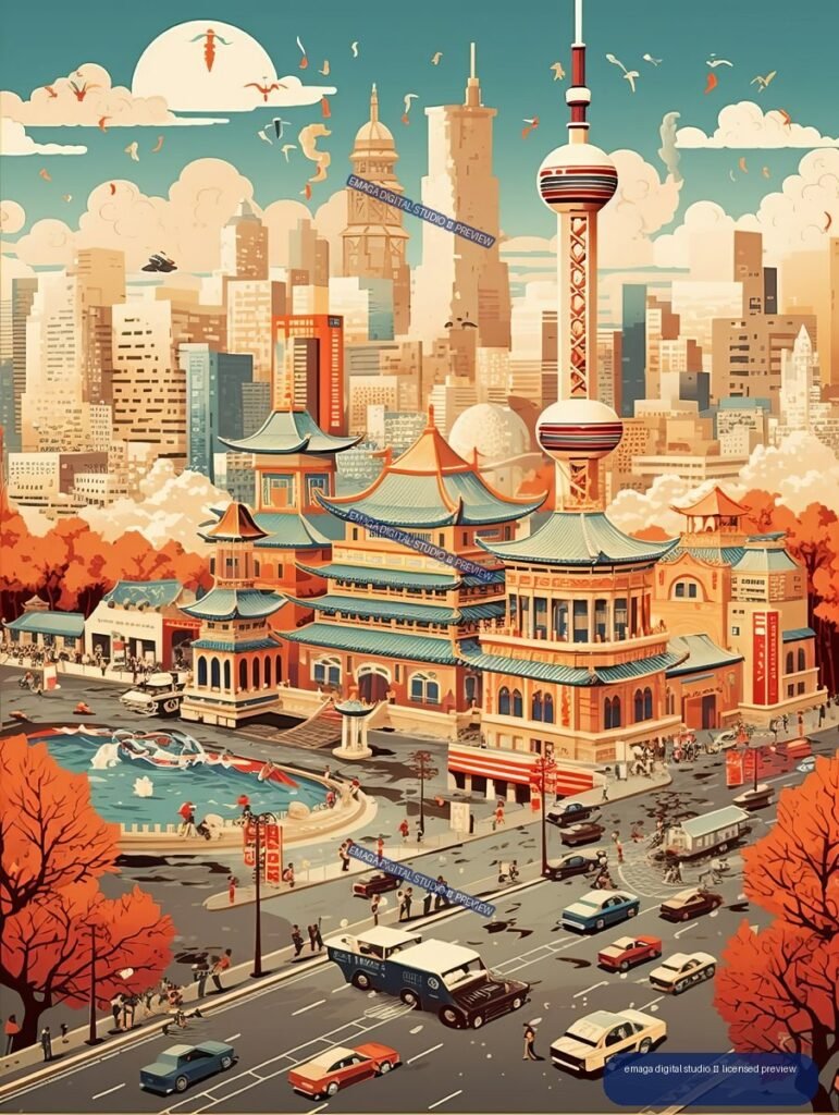 Stylized Beijing cityscape with traditional Chinese buildings, the Oriental Pearl Tower, autumn trees, a pond, traffic, and pedestrians.