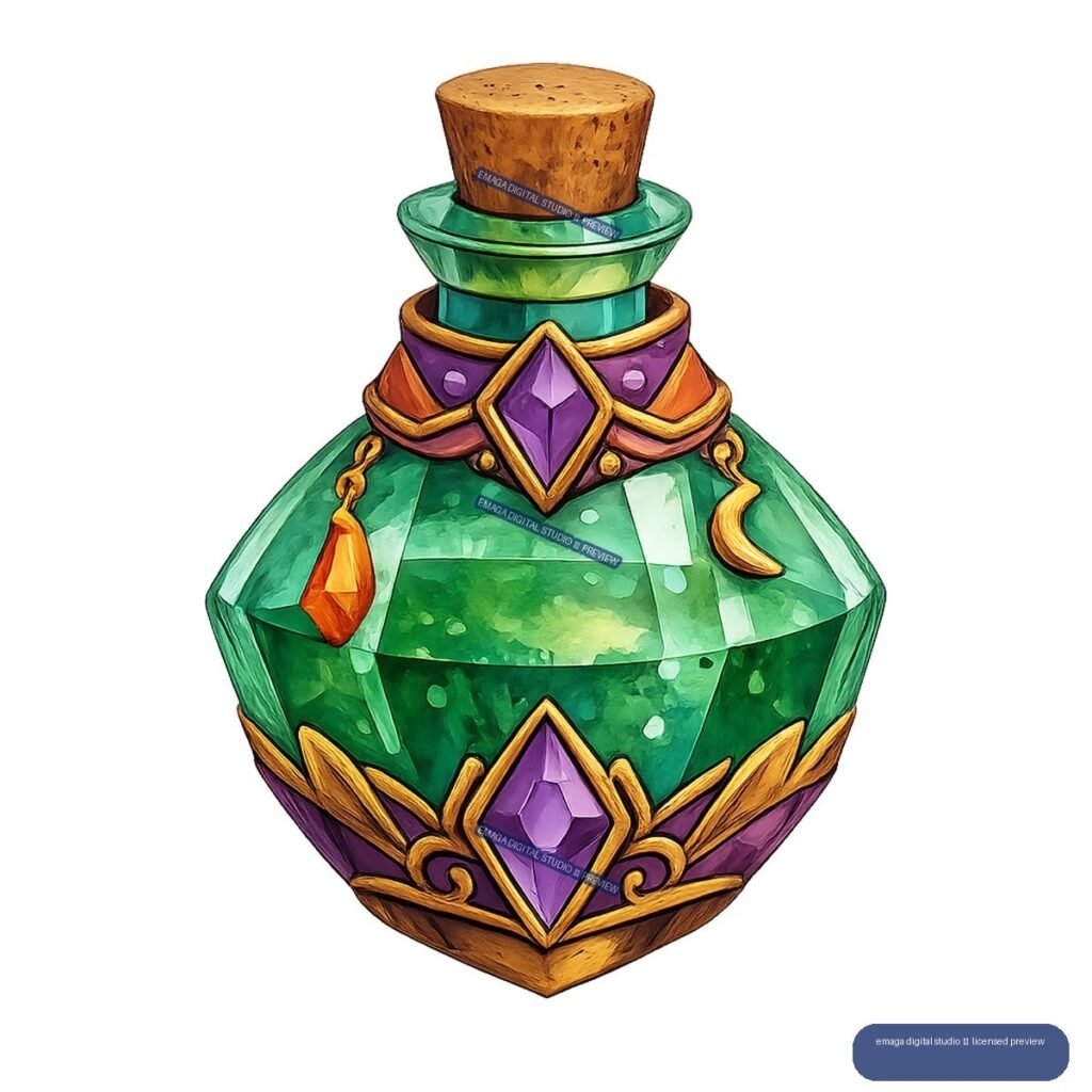 Ornate emerald-green potion bottle with a cork stopper, purple gemstones, gold trim, and dangling charms.