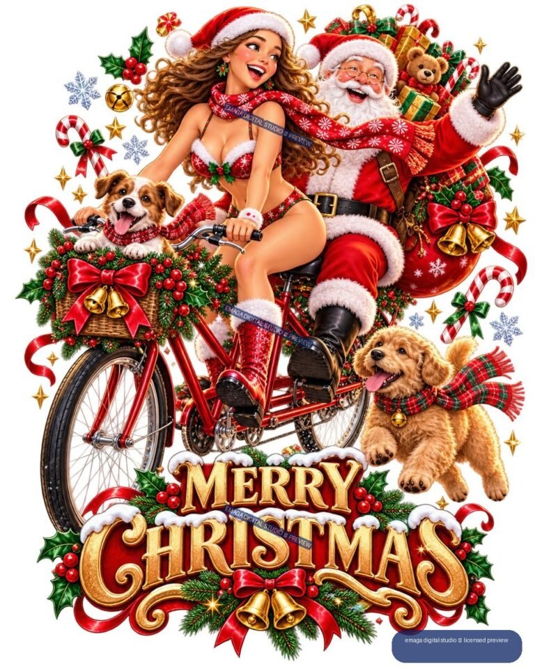 Santa and Woman on a Festive Christmas Bicycle - No. 002009