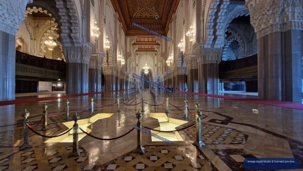 Ornate Interior Hall with Arches and Chandeliers in Casablanca, Morocco
