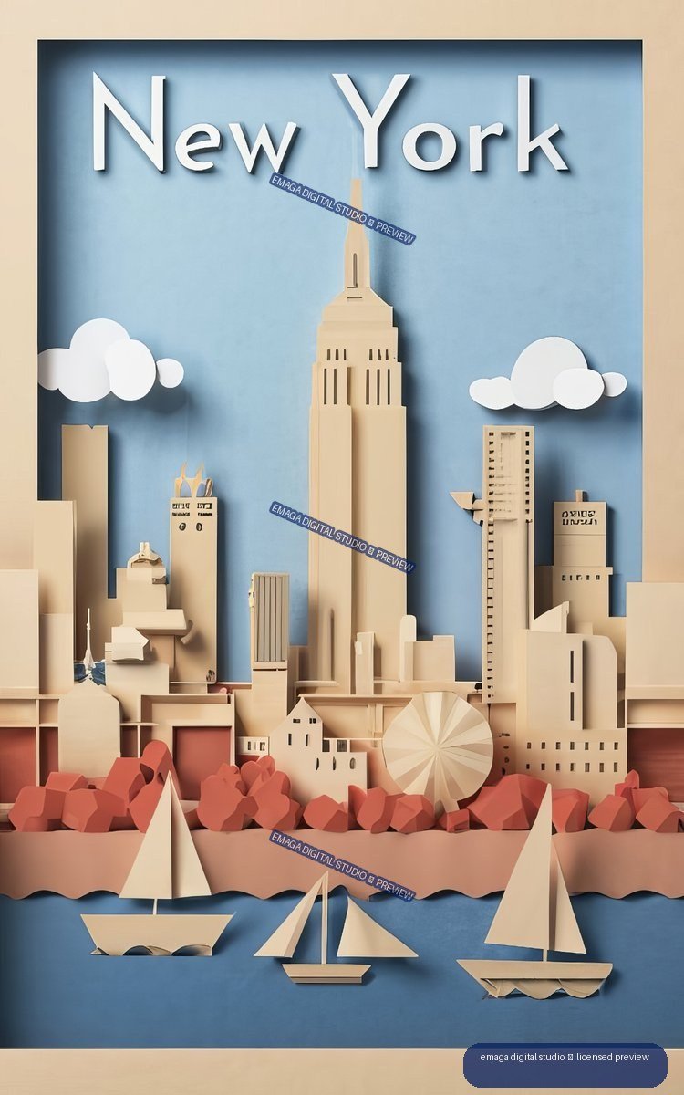 Paper-cut style New York City poster with the Empire State Building, skyline, waterfront, and sailboats beneath large New York lettering.