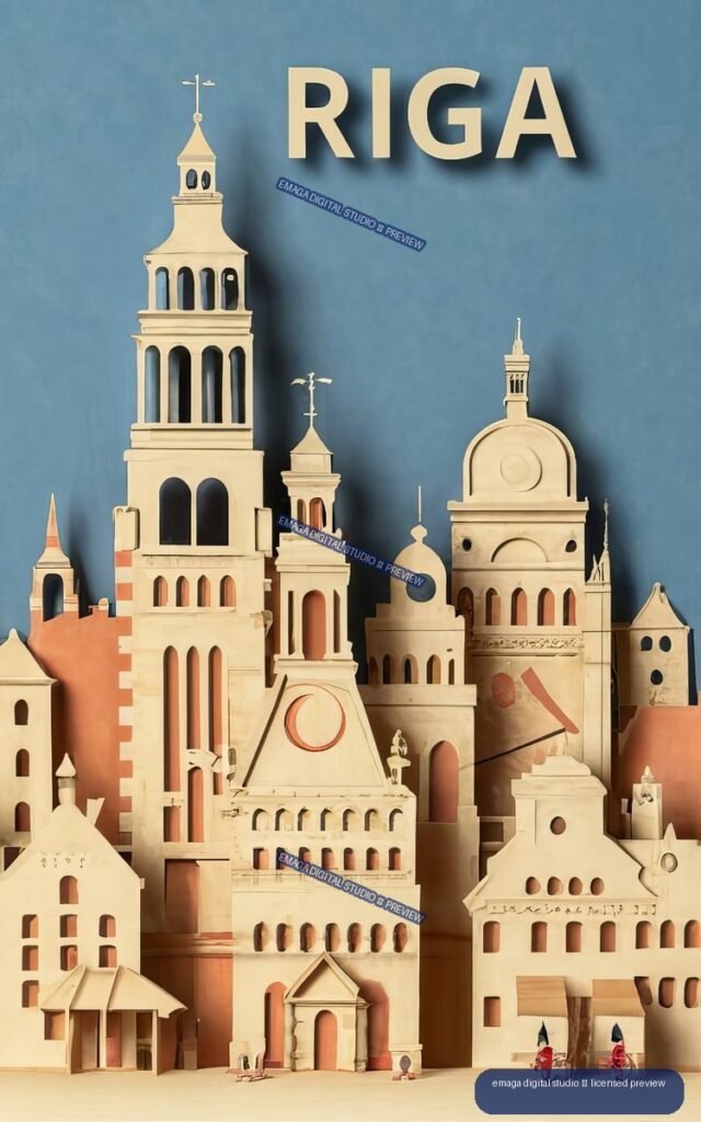Stylized travel poster labeled RIGA, showing a dense cluster of cream and terracotta historic buildings and church towers against blue.