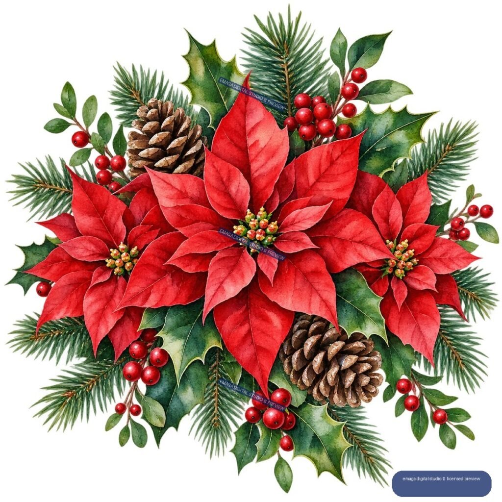 Watercolor Christmas arrangement with red poinsettias, pine branches, holly leaves, red berries, and pinecones.