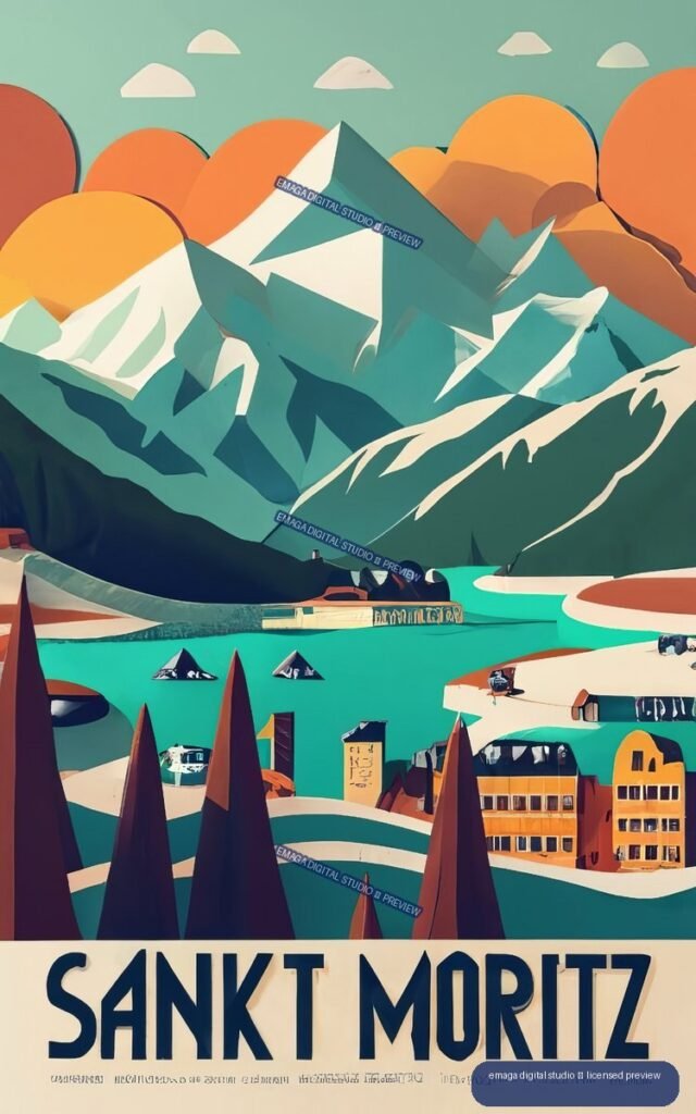 Stylized poster of snow-covered mountains, a turquoise lake, evergreen trees, and resort buildings, labeled SANKT MORITZ.