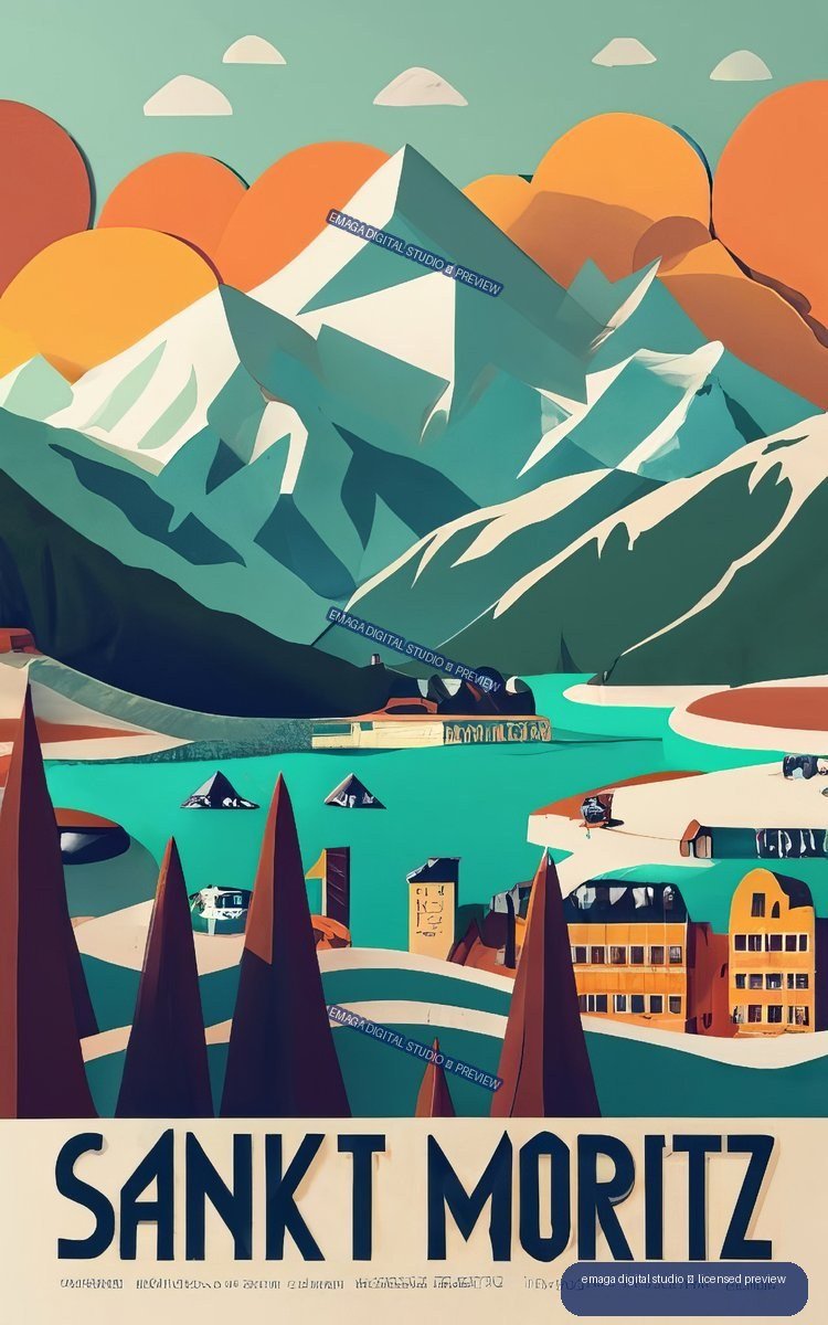 Stylized poster of snow-covered mountains, a turquoise lake, evergreen trees, and resort buildings, labeled SANKT MORITZ.