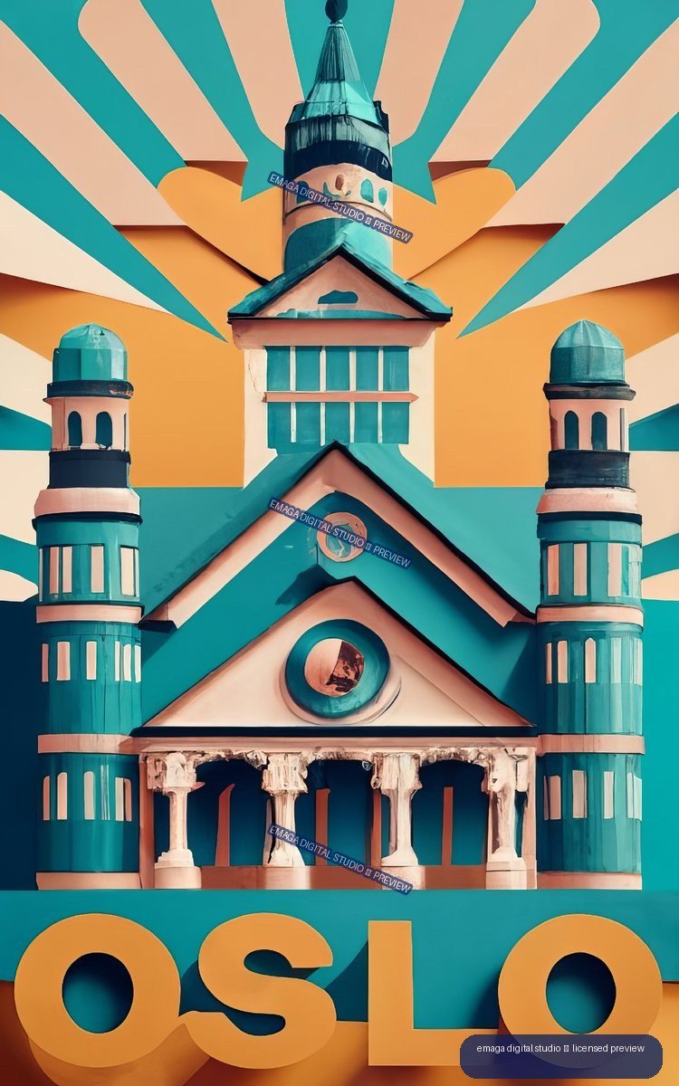 Stylized teal and peach poster showing a symmetrical domed building with two towers, columns, sunburst rays, and cropped orange lettering.
