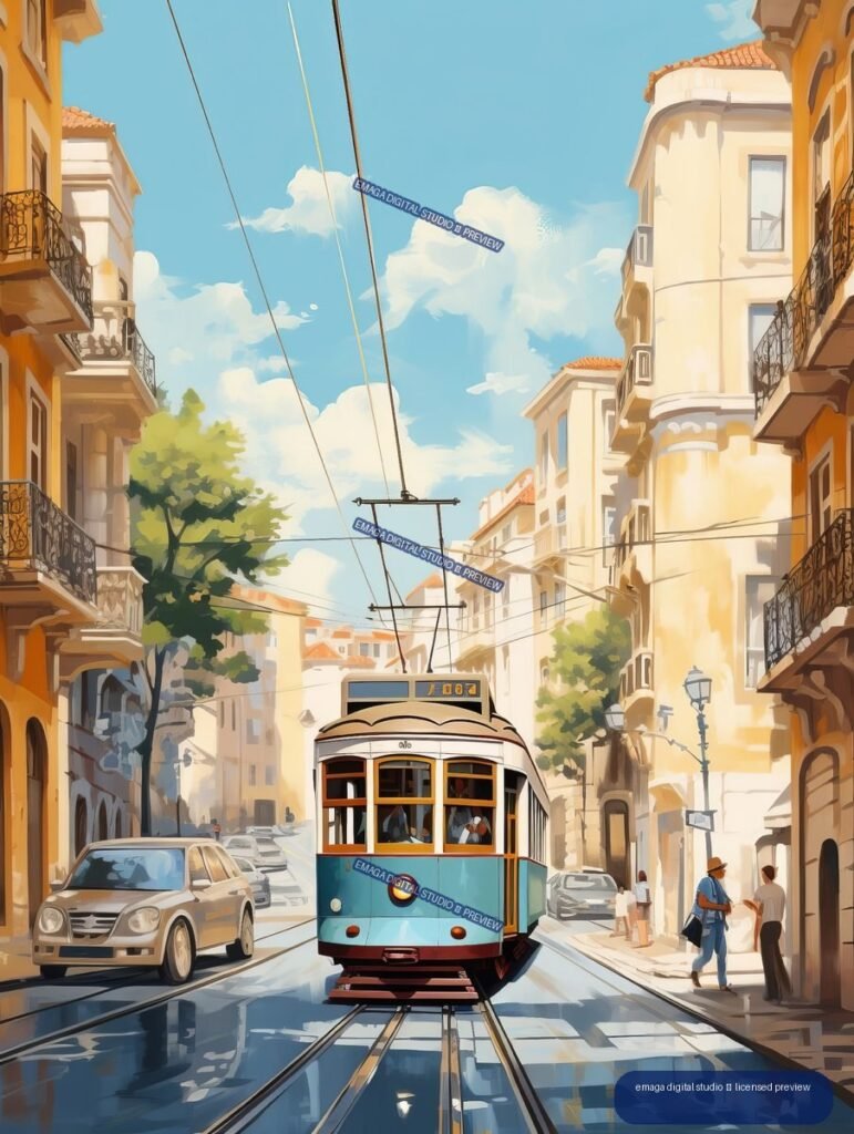 Vintage-style illustration of a turquoise Lisbon streetcar on reflective rails between sunlit buildings, with overhead wires, cars, pedestrians, and a bright blue sky.