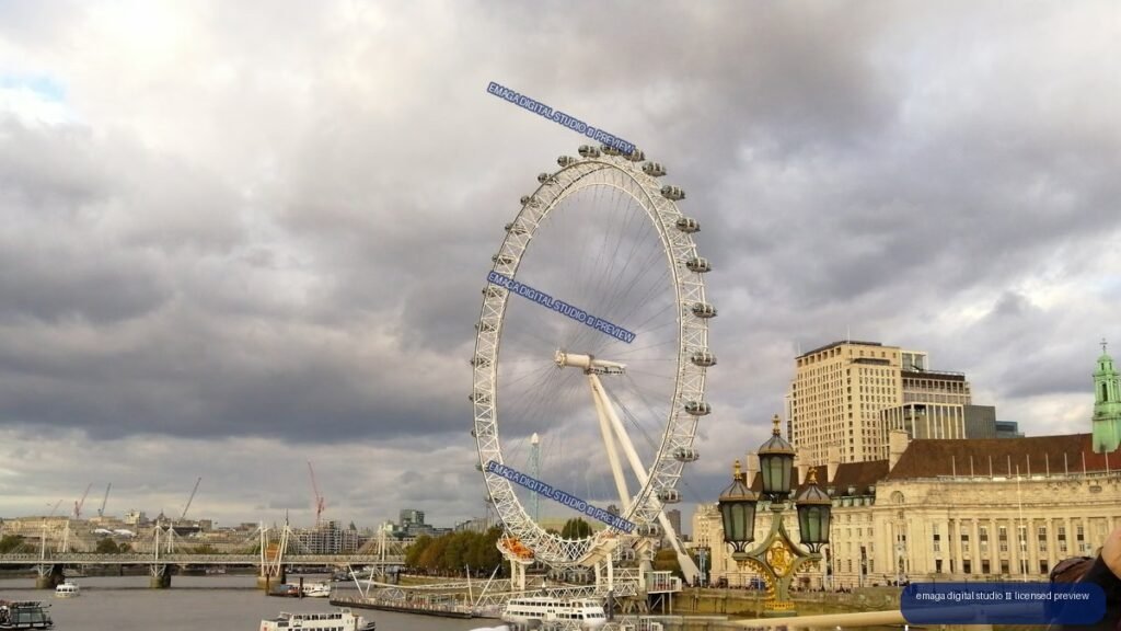 The London Eye beside the River Thames, with County Hall, boats, bridges, and dramatic cloudy skies in London.
