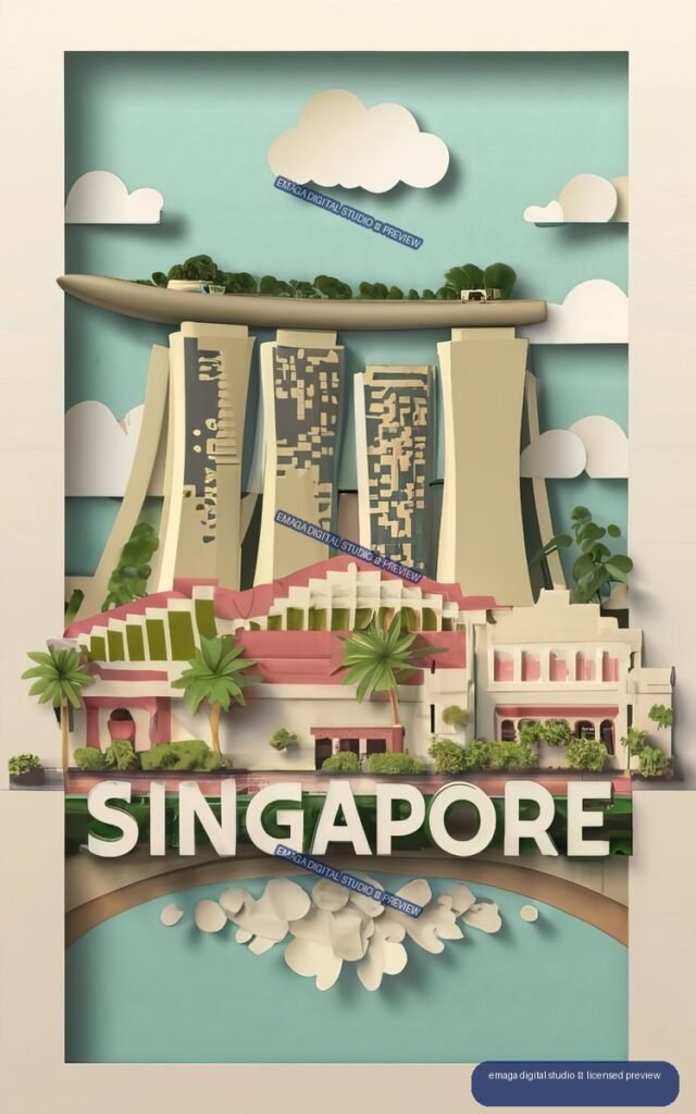 Layered paper-art travel poster depicting Singapore architecture, palm trees, clouds, and large SINGAPORE lettering.