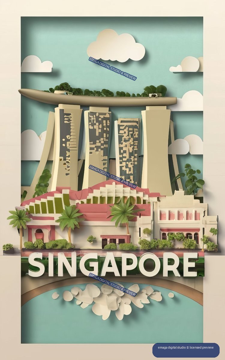 Layered paper-art travel poster depicting Singapore architecture, palm trees, clouds, and large SINGAPORE lettering.