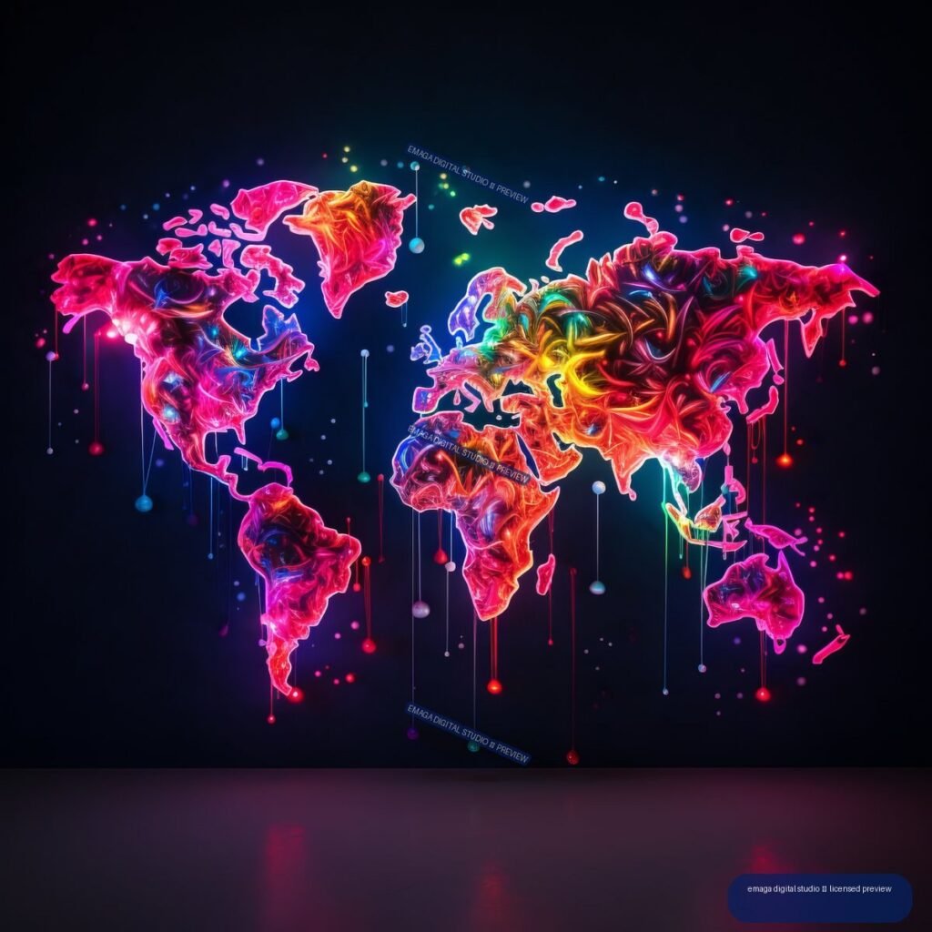 Glowing multicolored world map in a graffiti-inspired style against a dark background, with hanging droplets and scattered neon particles.