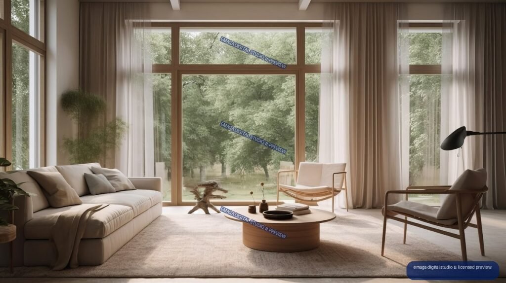 Minimalist living room with cream sofa, wooden lounge chairs, round coffee table, and garden view through large windows.
