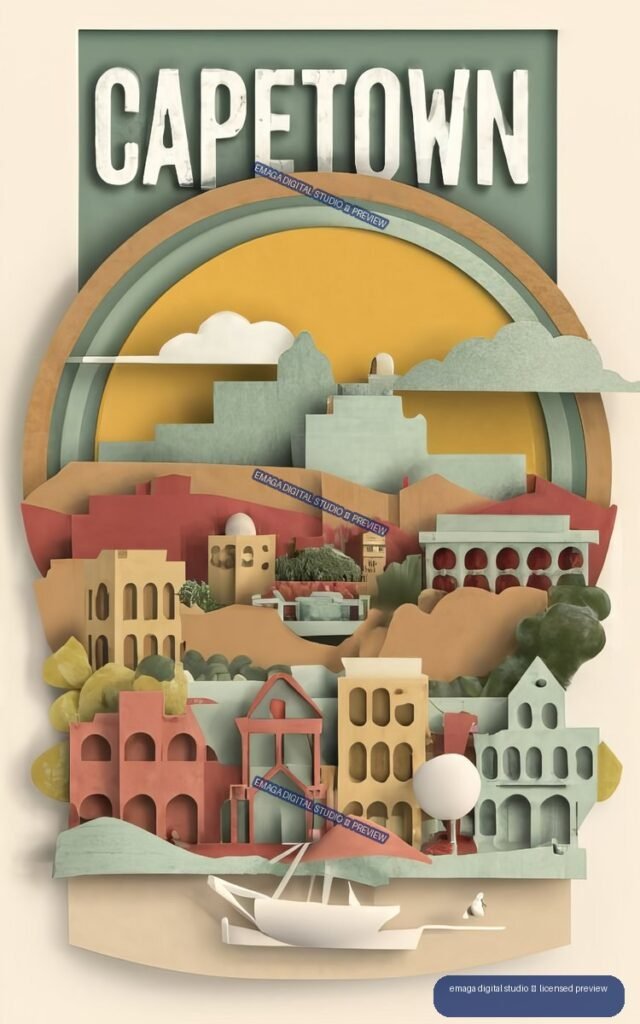 Layered paper-art illustration of Cape Town with colorful buildings, rainbow arcs, sun, clouds, and a white boat.