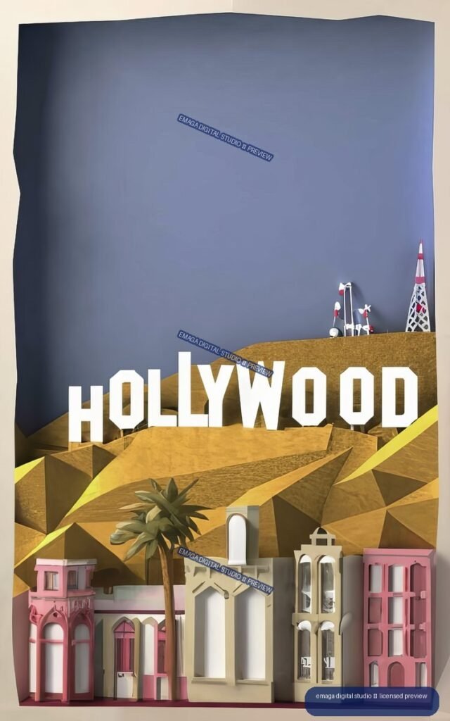 Layered paper-art diorama of the Hollywood sign, hills, palm tree, and colorful miniature buildings.