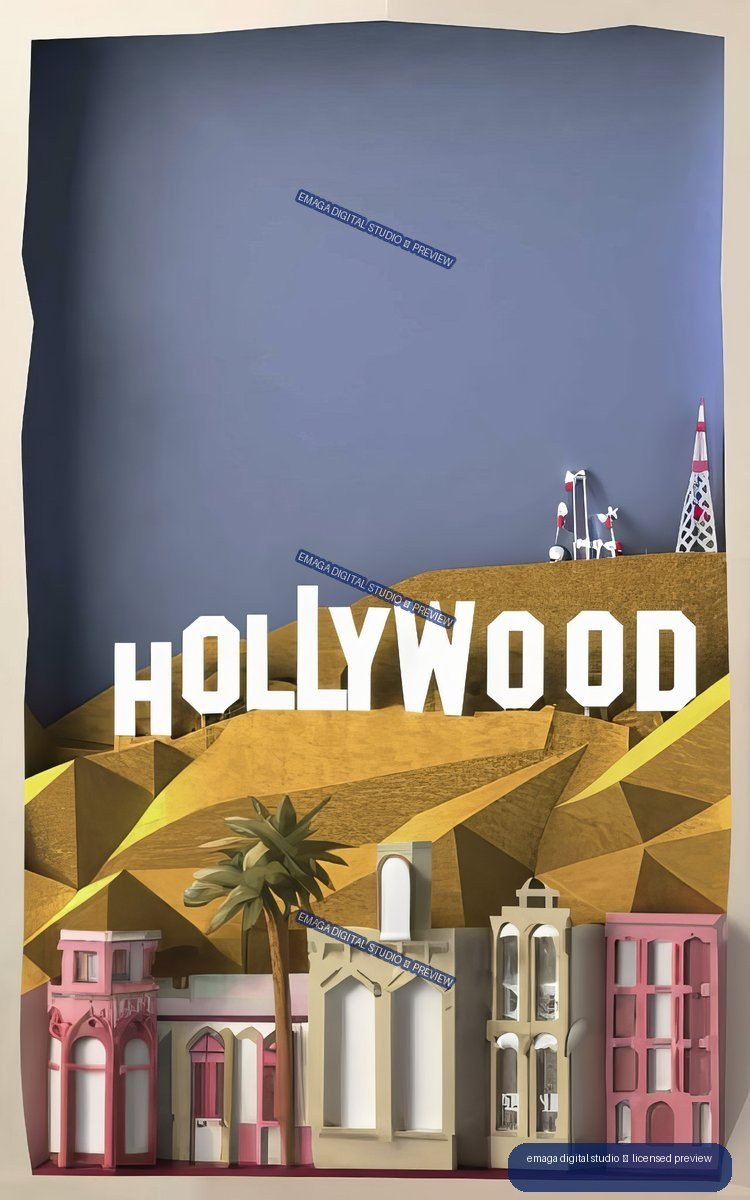 Layered paper-art diorama of the Hollywood sign, hills, palm tree, and colorful miniature buildings.