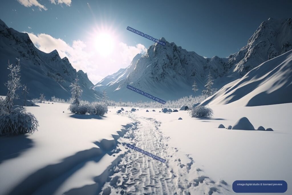 Snow-covered alpine valley with a track leading toward jagged mountains under a bright sun.