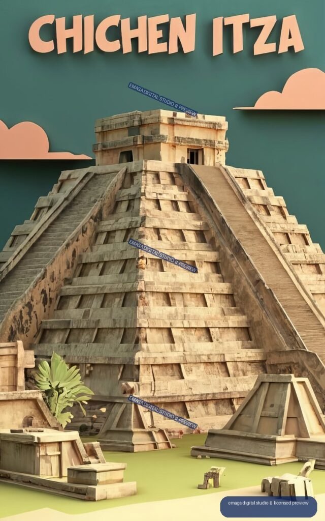 Travel poster showing a stepped stone pyramid inspired by Chichen Itza beneath large peach CHICHEN ITZA lettering on a dark teal sky.