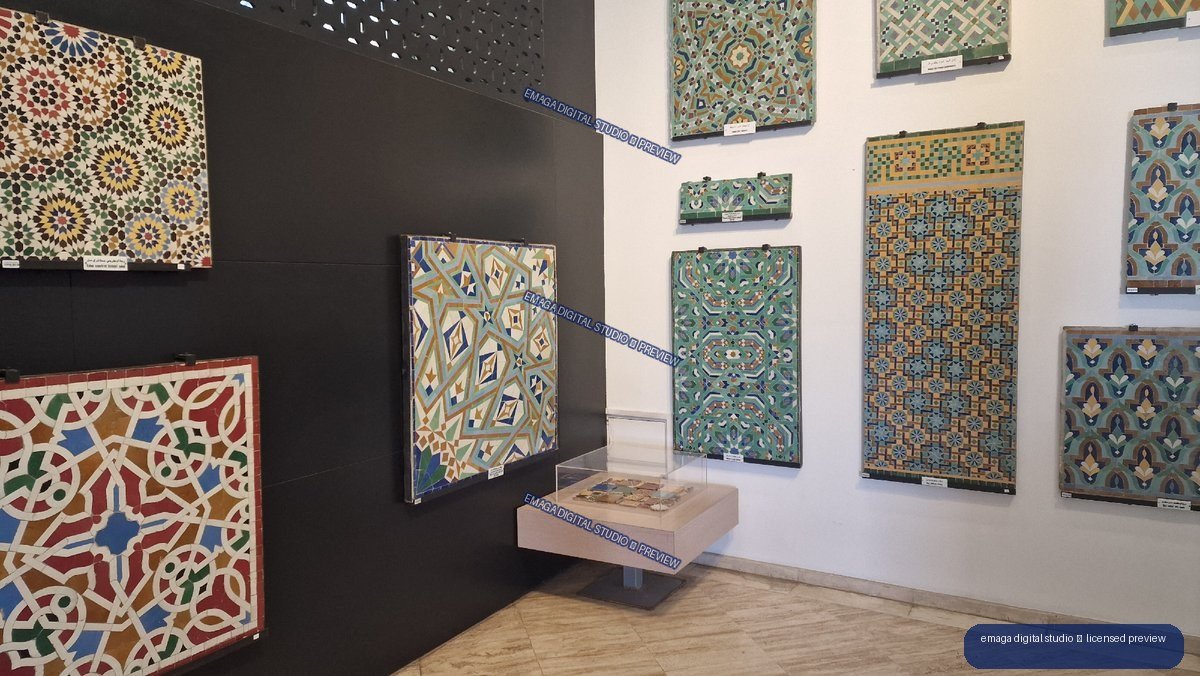Geometric mosaic tile panels displayed in a gallery exhibition — Casablanca, Morocco
