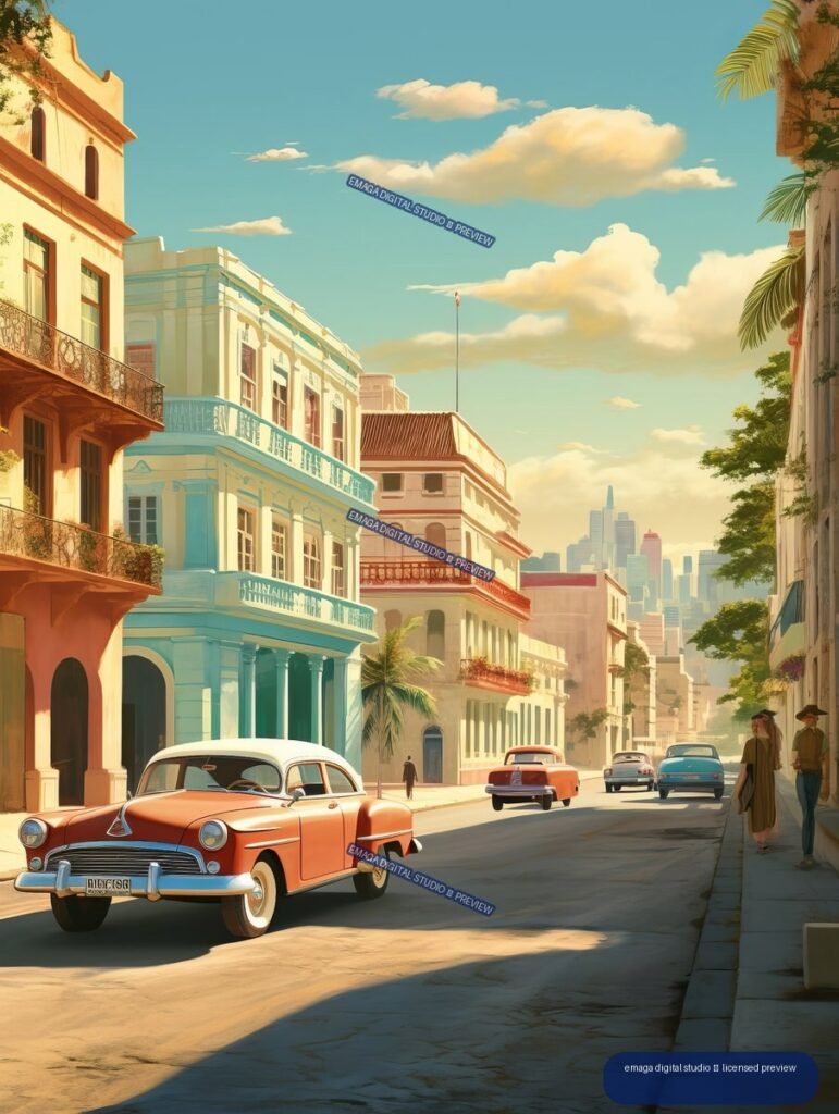 Sunlit tropical city street with colonial buildings, palm trees, pedestrians, classic cars, and a distant modern skyline.