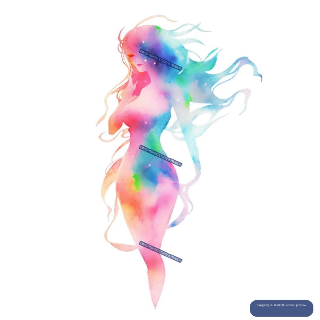 Abstract colorful watercolor silhouette of a nude feminine figure in profile with flowing hair and ribbon-like extensions.