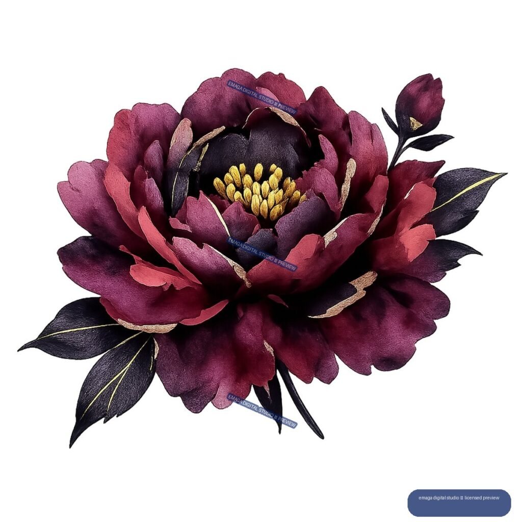 Large dark burgundy peony with layered petals, golden stamens, black leaves, and a small bud.