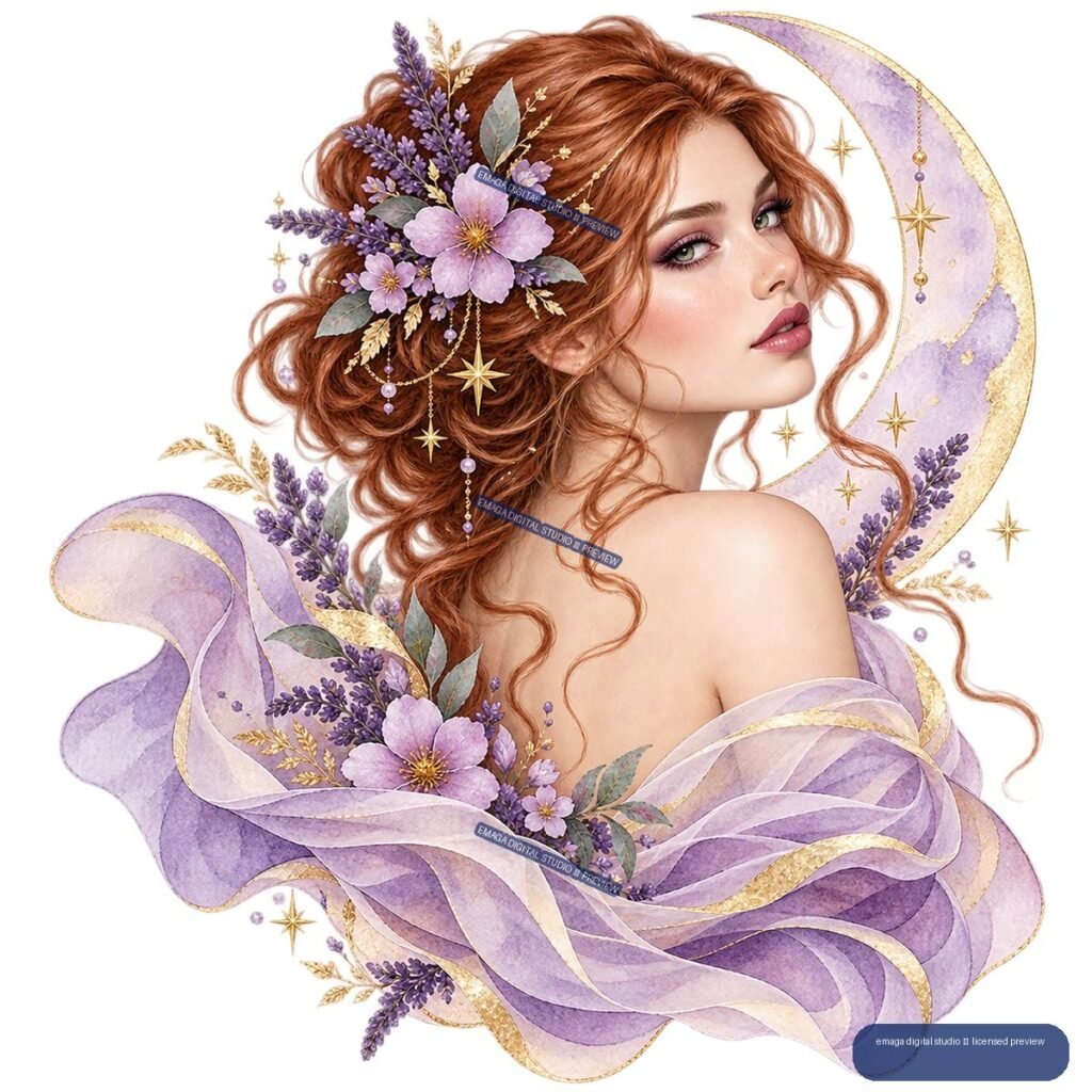 Red-haired woman with purple flowers, lavender fabric, gold stars, and a crescent moon in a watercolor-style illustration.
