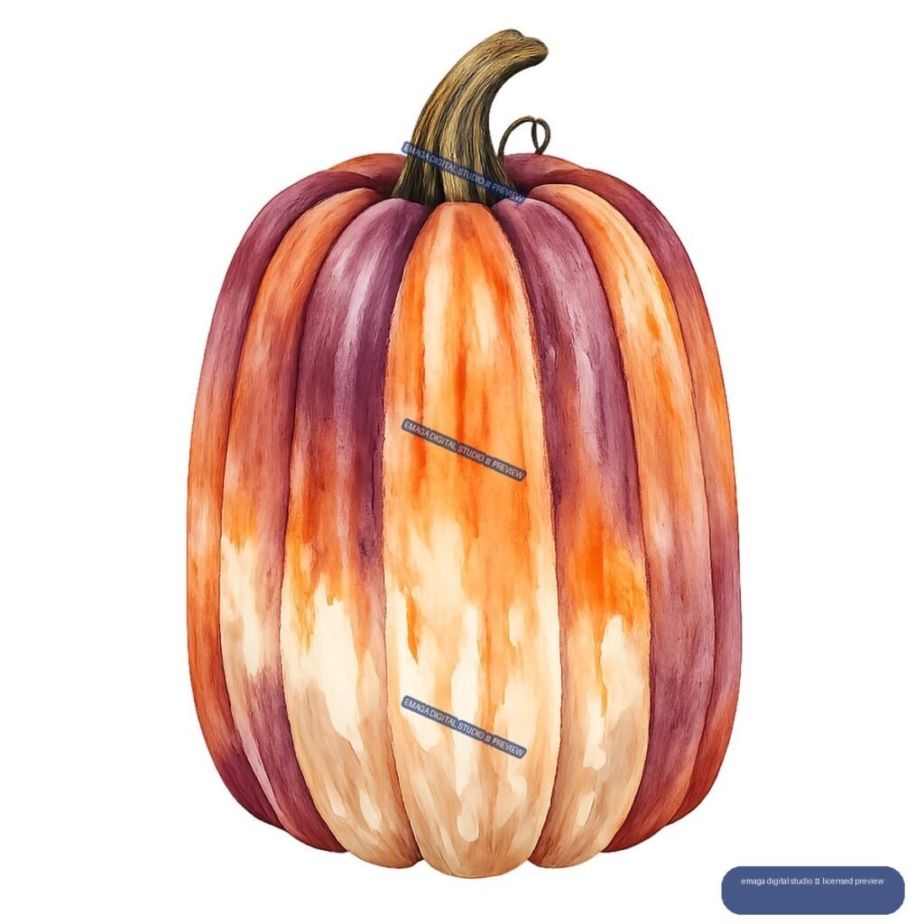 Watercolor illustration of an elongated pumpkin with orange, cream, and burgundy ribs and a curved stem.