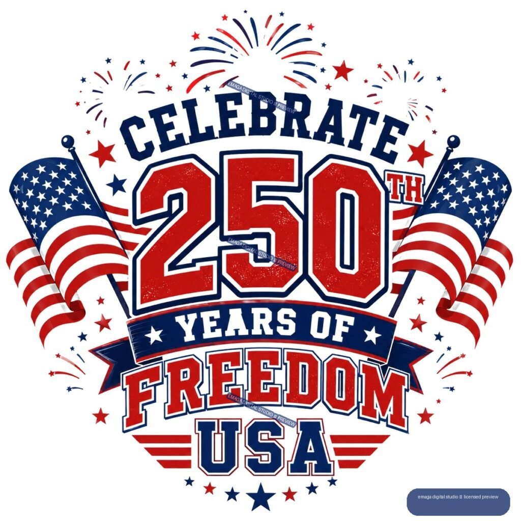 Red, white, and blue patriotic graphic reading “Celebrate 250 Years of Freedom USA,” with American flags, stars, and fireworks.