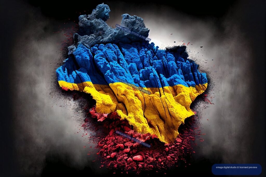 Textured relief map of Ukraine colored blue and yellow, surrounded by red splashes and rubble against a dark smoky background.
