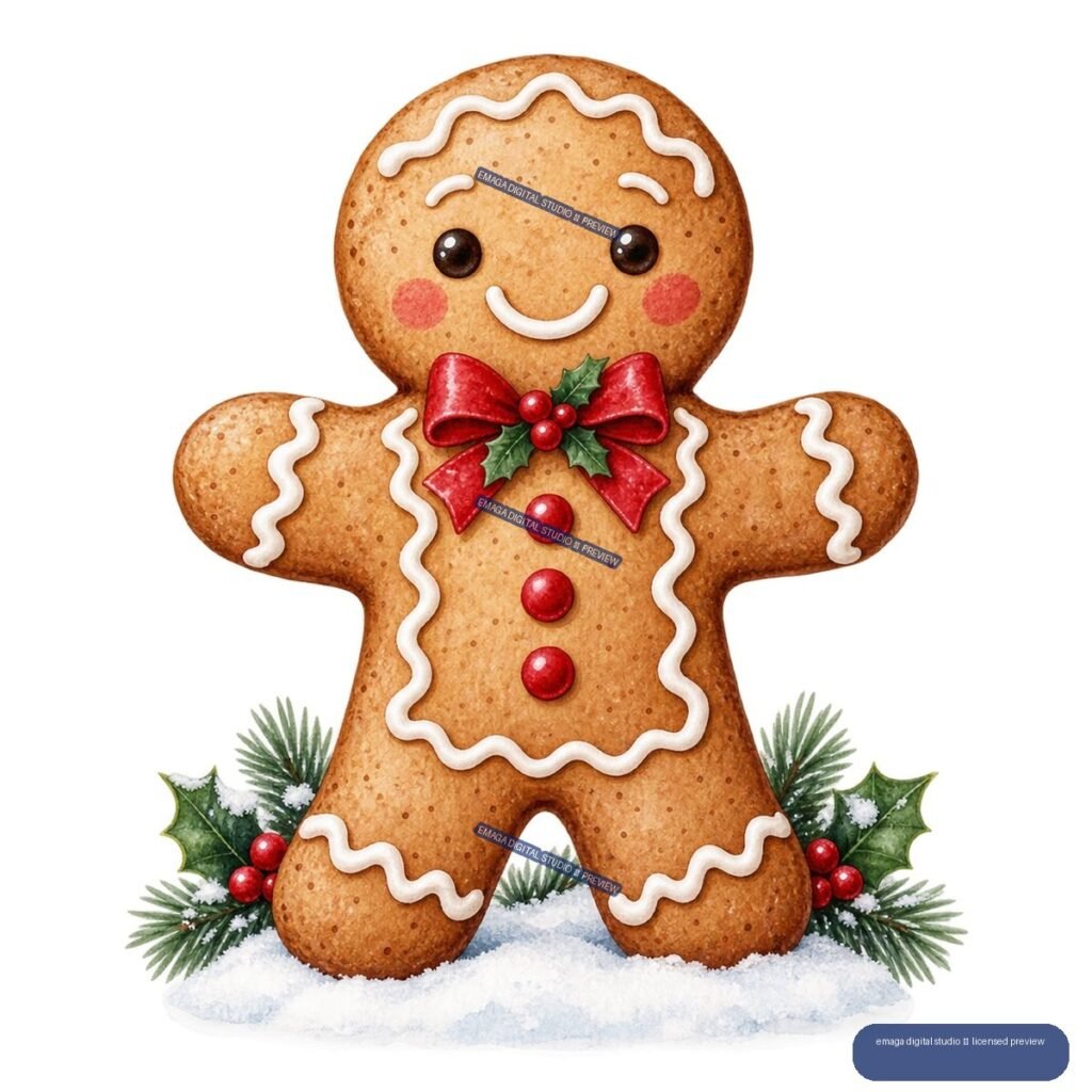 Decorated smiling gingerbread person with red bow, holly, evergreen sprigs, and snow
