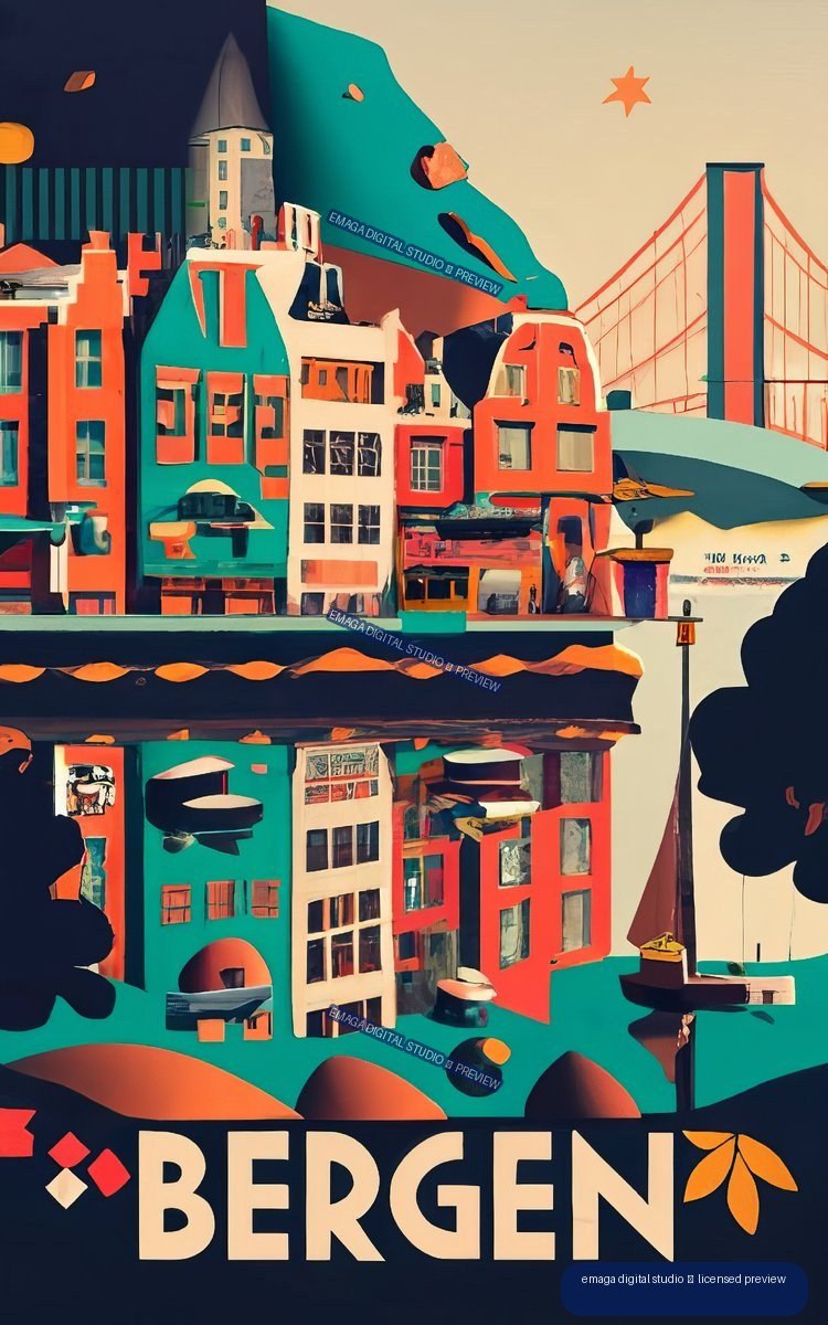 Colorful stylized Bergen city poster with waterfront buildings, suspension bridge, mountain shapes, and large BERGEN lettering.
