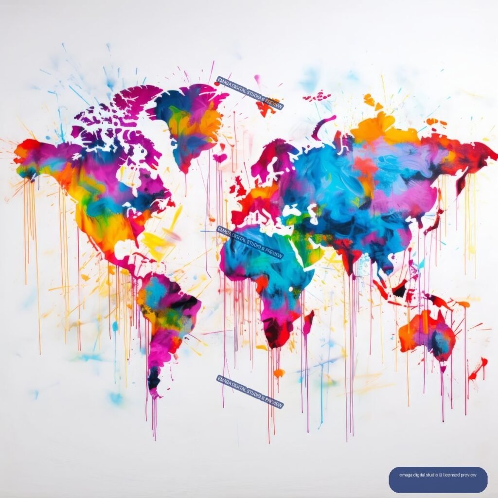 Colorful graffiti-style world map with bright painted continents, splashes, brushstrokes, and dripping lines.