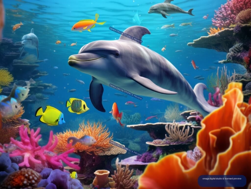 Large dolphin swimming among colorful tropical fish and vibrant coral reefs in blue underwater scenery.